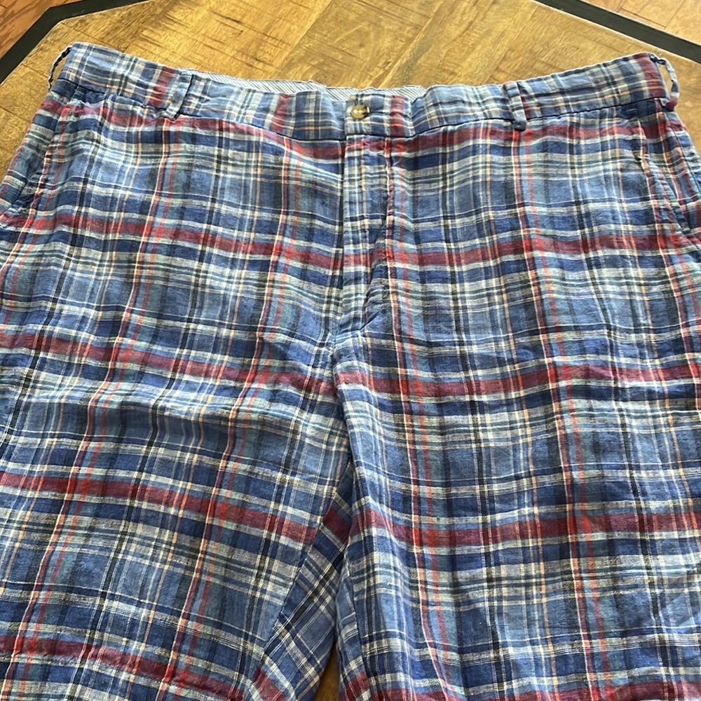 Peter Millar Seaside Men's Size 40 100% Linen Blue Madras Plaid Check Shorts-EUC